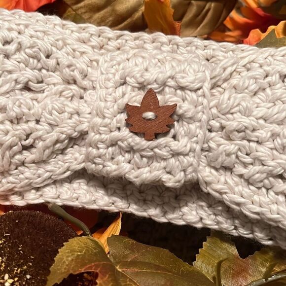 Cream Handmade Crochet Headband With Wooden Maple Leaf - Picture 3 of 4